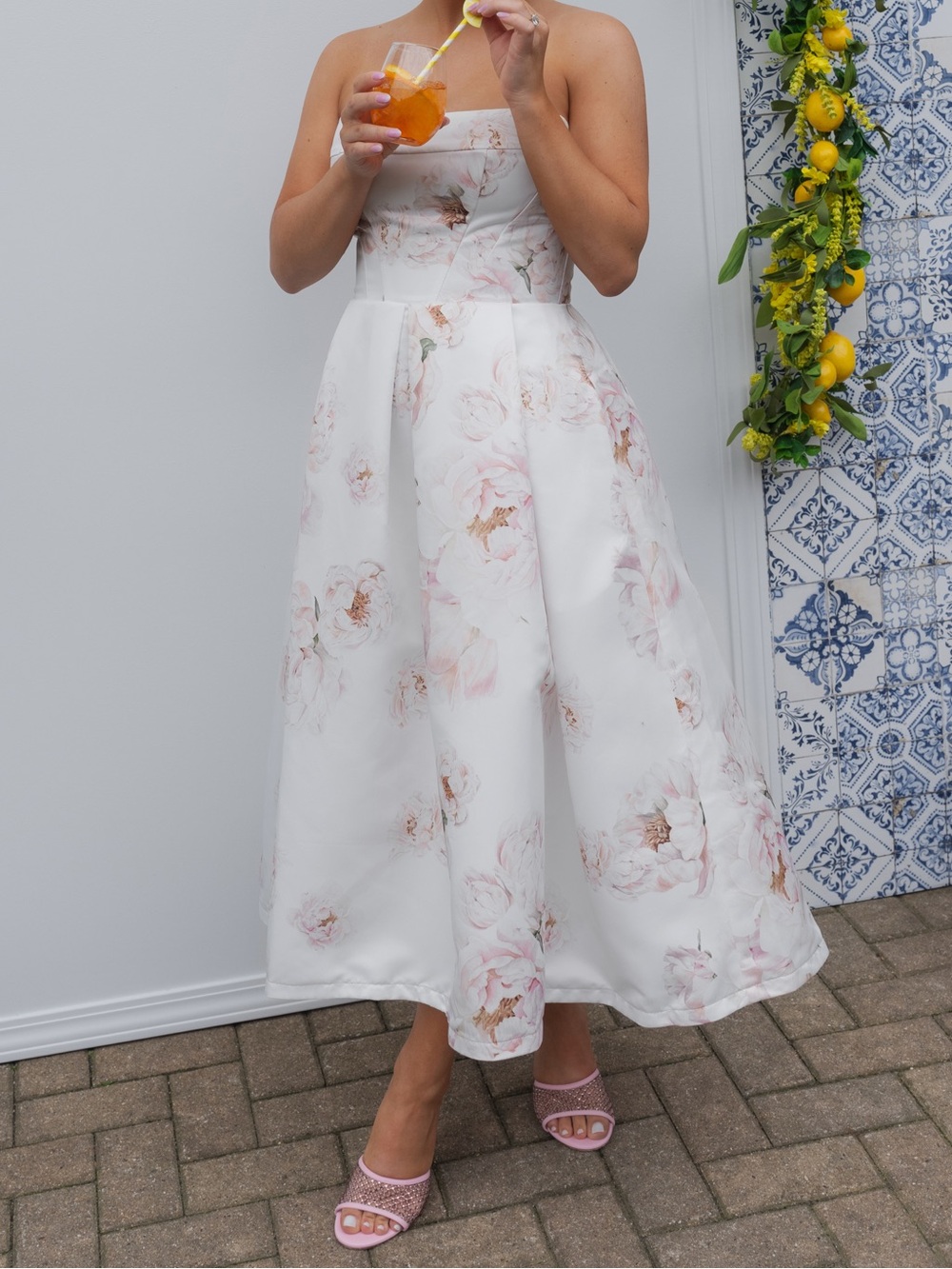 Milla Peony Dress - Strapless White Midi Dress with Blush Floral Print